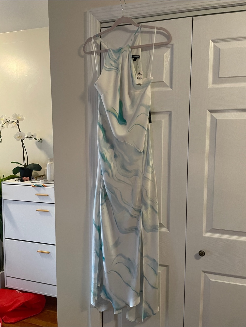 Express White Satin Slip Dress with Teal & Pale Blue Marble Swirls